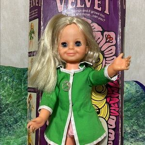 Vintage VELVET Doll with Green Dress, “growing” hair